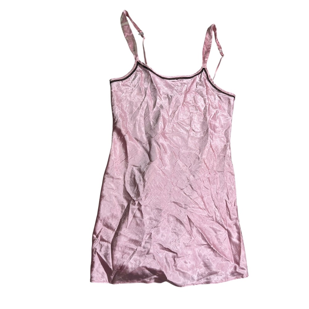 Kathryn Womens S Pink Satin Nightgown Slip Dress Brown Trim Y2K Lingerie